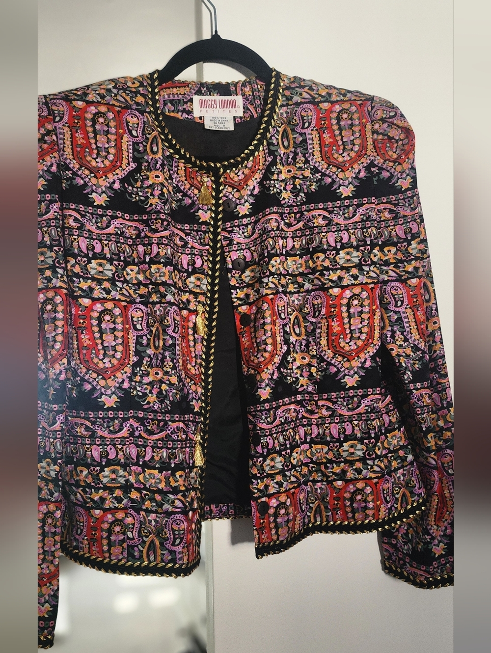 Maggy London Black Multi-Embroidered Open Front Jacket with Gold Trim